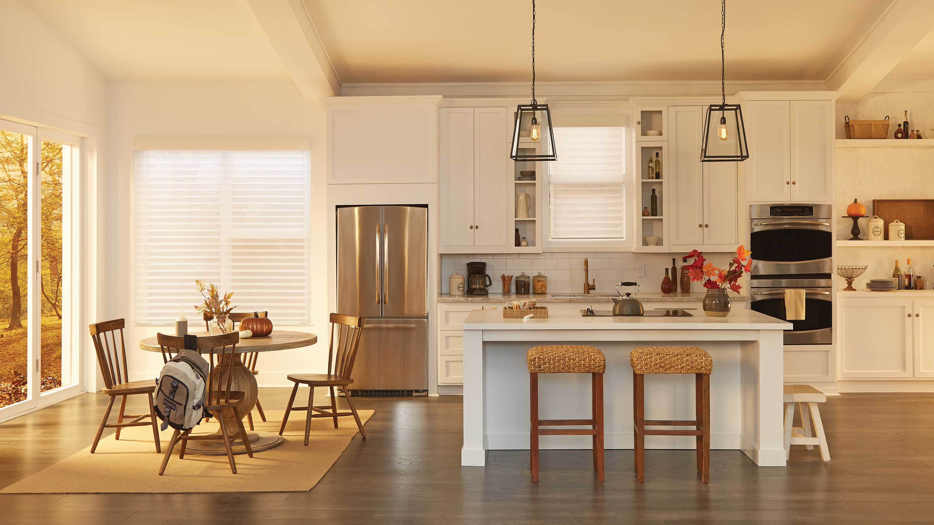 Warm tones, kitchen, wooden furniture, open concept